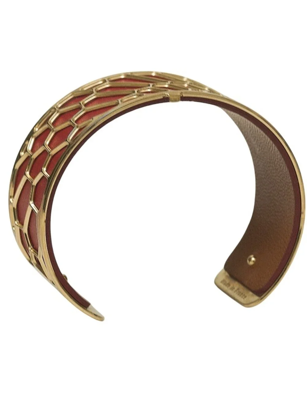 LES GEORGETTES Gold Plated Cuff Bracelet Red Leather Honeycomb Design France